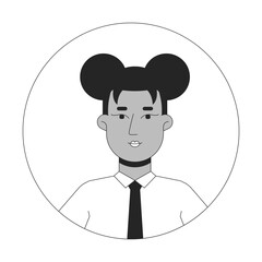 Two buns hairstyle african american woman shirt tie black and white 2D avatar illustration. Black businesswoman outline vector character face isolated. Round frame user profile image portrait