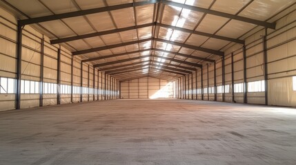 Vast Empty Warehouse: Industrial Space Ready for Business.  A wide shot of a large, empty warehouse with high ceilings and natural light. Perfect for concepts of industry, logistics, storage.
