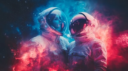 Two female astronauts embracing in a vibrant cosmic setting.