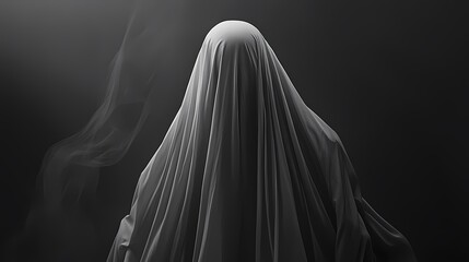 Mysterious figure draped in a flowing white fabric against a dark, smoky background.