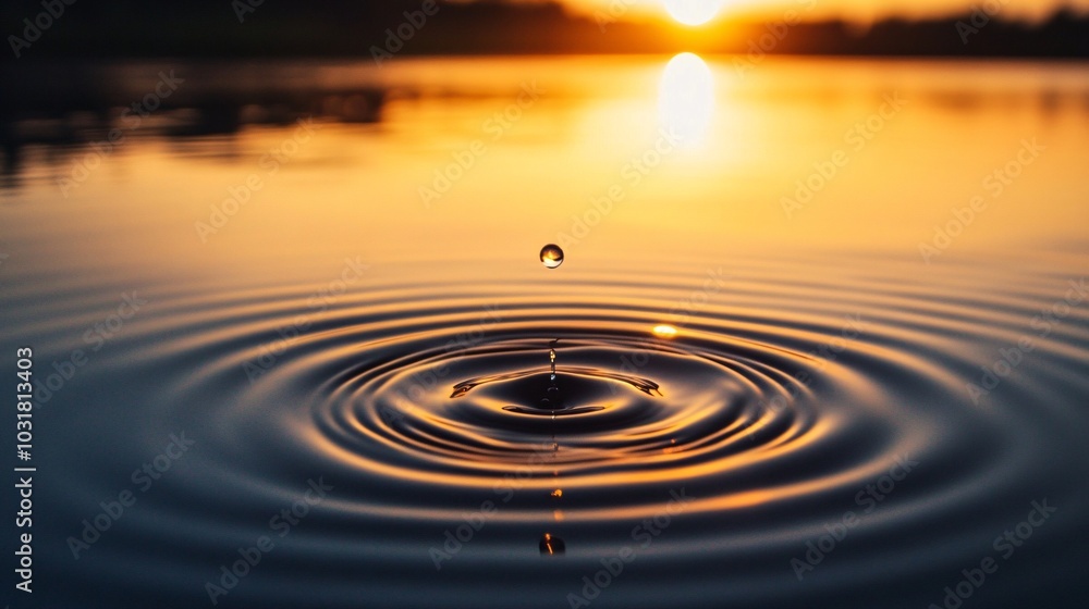 Poster rippling water surface reflecting the warm glow of a sunset, with a single drop creating concentric 