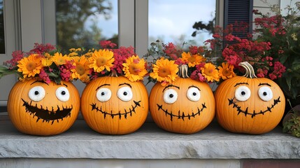 Four playful pumpkins decorated with vibrant flowers, perfect for Halloween spirit.