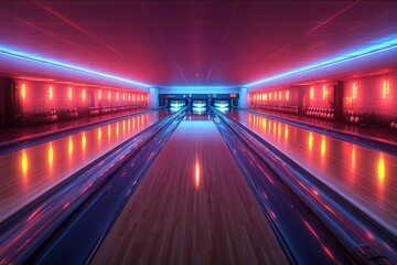 Fototapeta premium Bowling alley with neon lights and purple ball