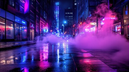 Neon City Street at Night with Fog Effects