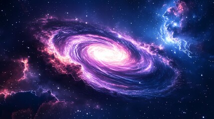 A stunning galaxy swirl in vibrant purple and blue hues against a starry backdrop.