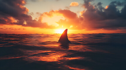 A Stunning Wide Shot of a Shark Fin Emerging from the Water Against a Breathtaking Sunset Horizon