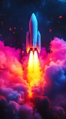A futuristic rocket launching into a vibrant cosmic scene filled with colorful clouds.