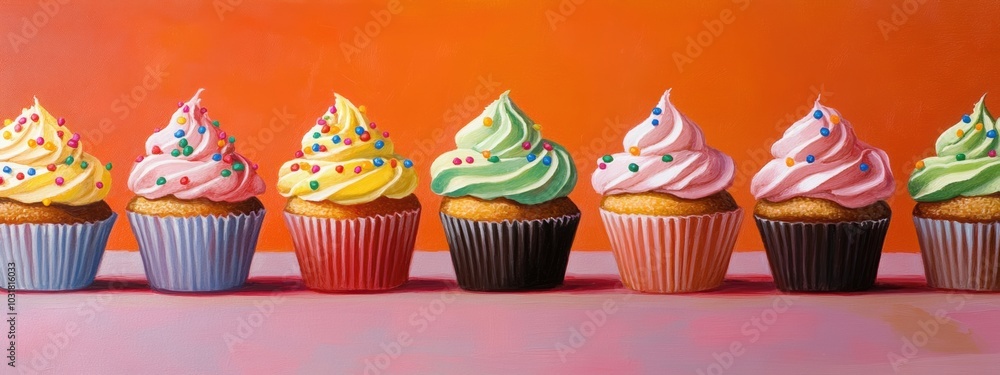 Poster vibrant cupcake display, a delightful array of identical cupcakes adorned with colorful frosting and