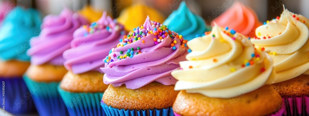 Poster cupcake delight, a vibrant display of identical cupcakes adorned with colorful frosting and playful 