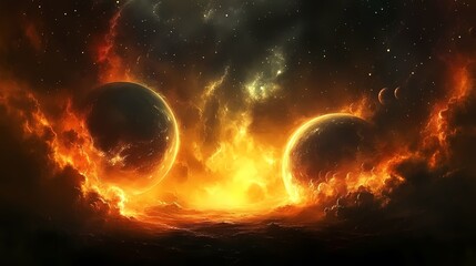 Dramatic cosmic scene featuring fiery planets against a starry backdrop.