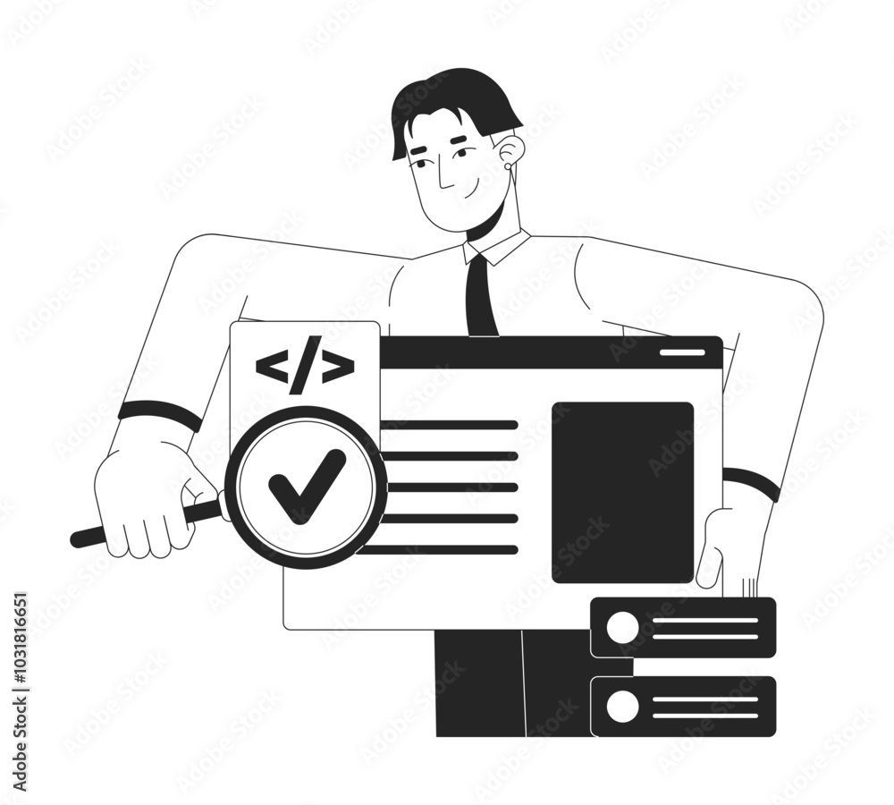 Poster tester searching bug in software black and white 2d illustration concept. developer engineer holding