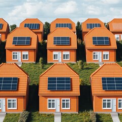 Obraz premium Row of solar-powered orange houses on a hillside against a cloudy sky.