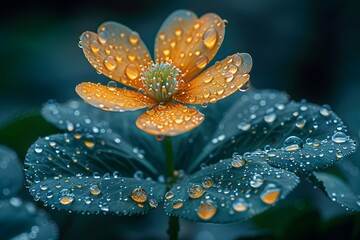 Vibrant Orange Flower with Dew-Drenched Leaves in Lush Greenery