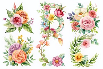 Watercolor Floral Alphabet A-F with Hand Drawn Foliage | Botanical Art for Invitations and Decor