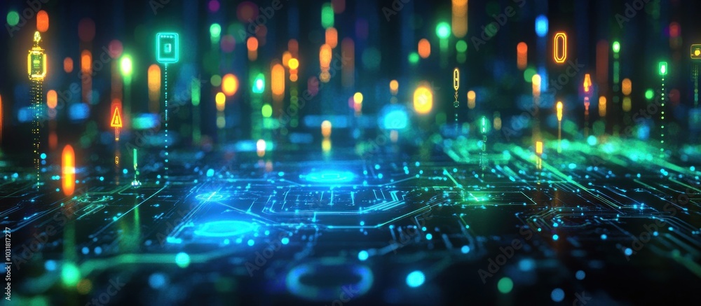 Poster abstract futuristic digital technology background with glowing circuit board and colorful lines.