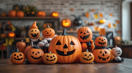 Colorful Halloween pumpkins set against a cozy, festive background.