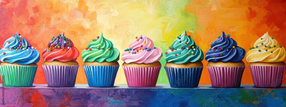 Aufkleber cupcake delight, a vibrant display of identical cupcakes adorned with colorful frosting and playful 