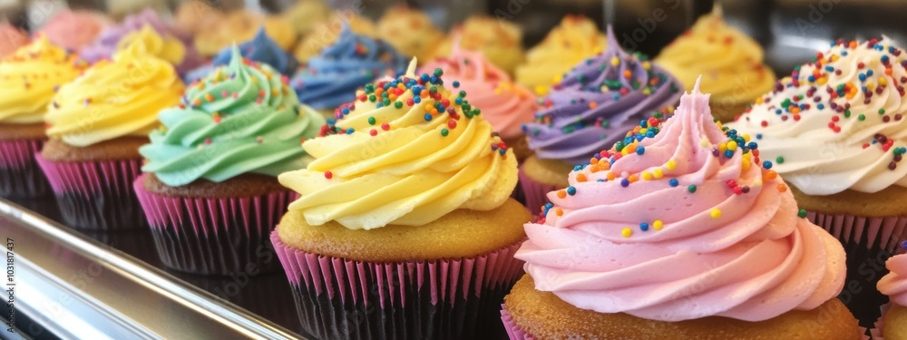 Poster vibrant cupcake display, a delightful array of uniform cupcakes adorned with bright frosting and pla