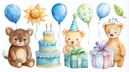 Obraz premium Watercolor Hand Painted Baby Boy Birthday Illustrations for Unique Celebrations