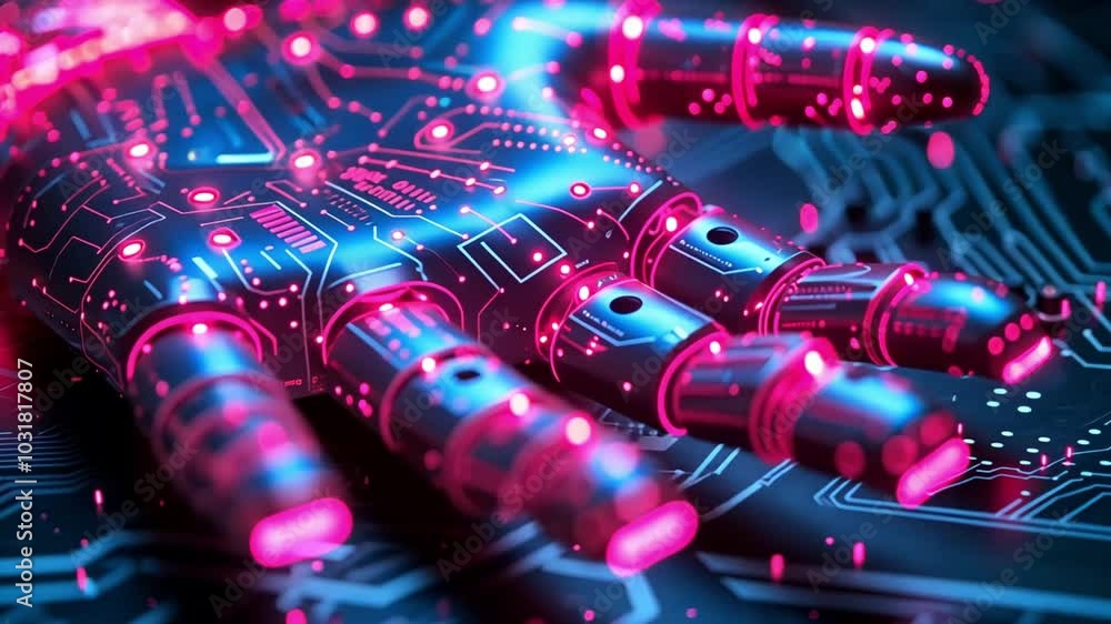 Poster the image features a highly detailed robotic hand with glowing circuitry, surrounded by a dark, tech