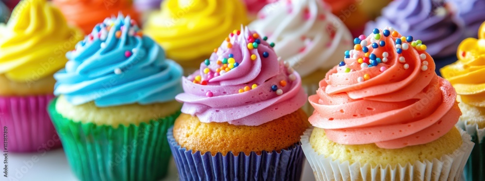 Aufkleber colorful cupcake display, a vibrant array of identical cupcakes adorned with lush frosting and playf