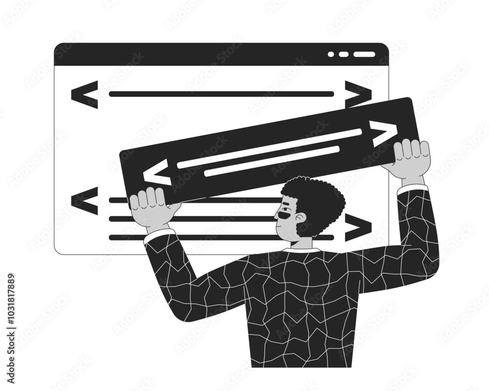 Poster website builder black and white 2d illustration concept. backend web developer hispanic man programm