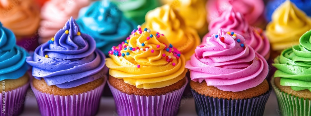 Poster vibrant cupcake display, a delightful array of identical cupcakes adorned with colorful frosting and