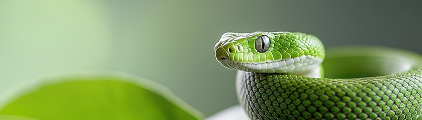 Obraz premium green snake on a leaf, showcasing its vibrant color and striking features.