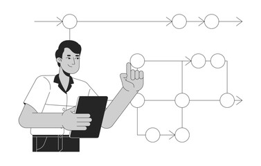 Backend developer roadmap black and white 2D illustration concept. Programmer analyst indian man with clipboard outline character isolated. Software engineering scheme metaphor monochrome vector art