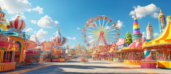 A vibrant and colorful amusement park with a Ferris wheel, colorful rides, and games, set against a blue sky with white clouds.