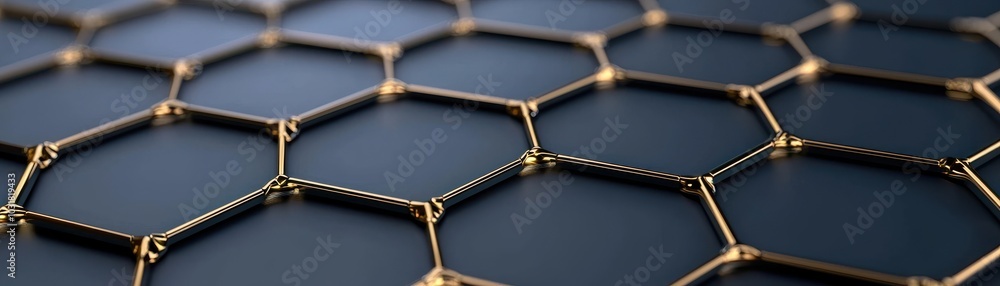 Poster hexagonal structure with golden edges on a dark background.