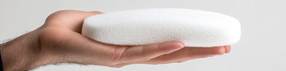 Fototapeta premium Abstract Product Showcase with a Close-Up of a Hand Holding White Foam Against a Softly Lit White Background, Emphasizing Innovative Design, Ideal for Advertising and Marketing Purposes, Enhanced by 
