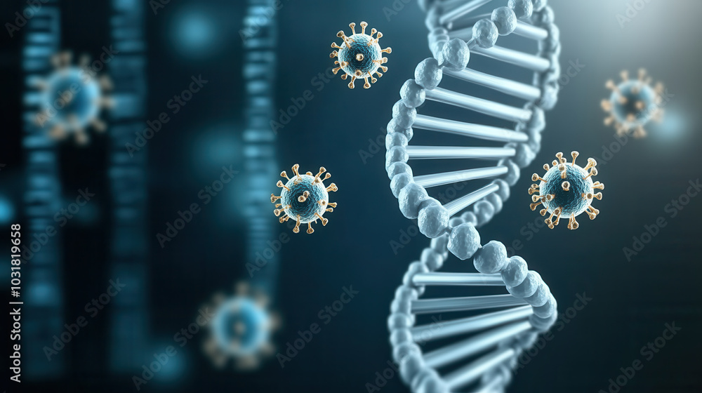 Poster dna strands intertwined with virus particles create striking visual representation of molecular biol