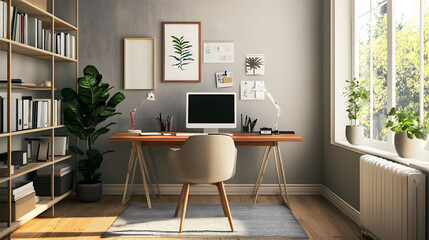 Cozy home office with ergonomic furniture, modern gadgets, inviting atmosphere, productivity-enhancing design