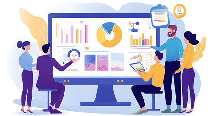 Digital Marketing Strategy Session, a collaborative team brainstorming with visual data representations, engaging discussions, innovative ideas generated