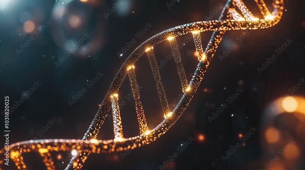 Poster twisting dna strand illuminated with glowing particles, representing genetic structure and molecular