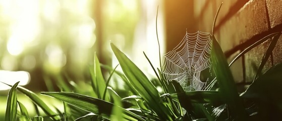  A spider web atop a verdant field, grasses lush and green, adjacent to a brick wall under bright sun
