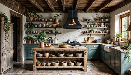 A rustic farmhouse kitchen with wooden beams, vintage lighting, and open shelving displaying handmade ceramics and plants, giving a charming, homey feel