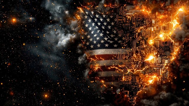 American Flag in a Fiery Digital Cosmos Background