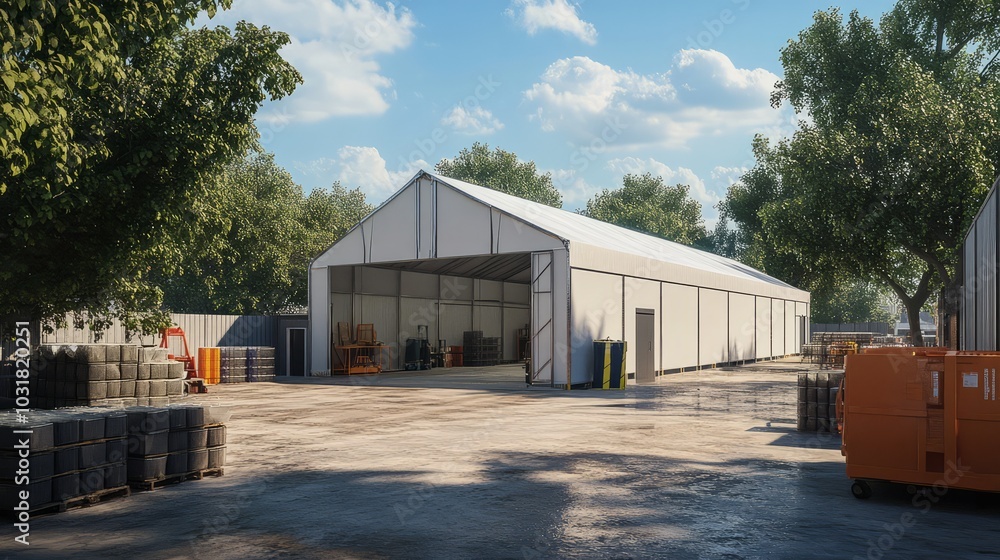 Poster spacious temporary structure: a large, white, temporary structure stands in a yard, providing ample 