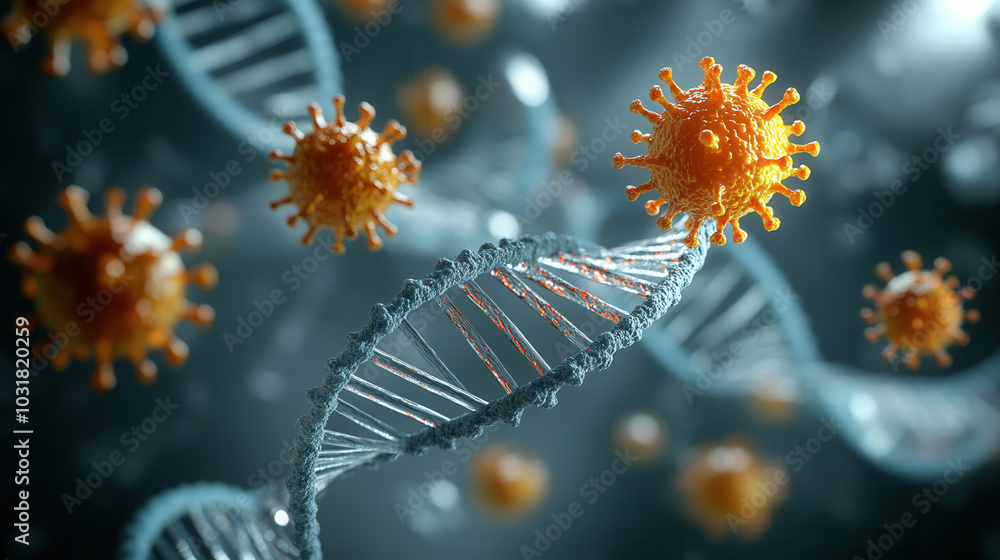 Poster close up of 3d dna strands intertwining with virus particles, showcasing intricate relationship betw