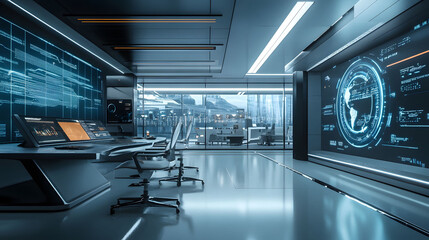 Obraz premium Futuristic office environment, sleek design, advanced technology, interactive digital interfaces, innovative workspace, modern aesthetic