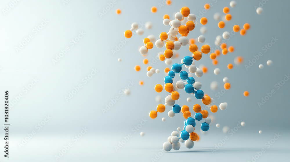 Poster dynamic representation of molecular structures with colorful spheres illustrating scientific concept