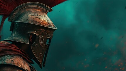 Medieval spartan warrior in helmet standing in front of the gloomy clouds