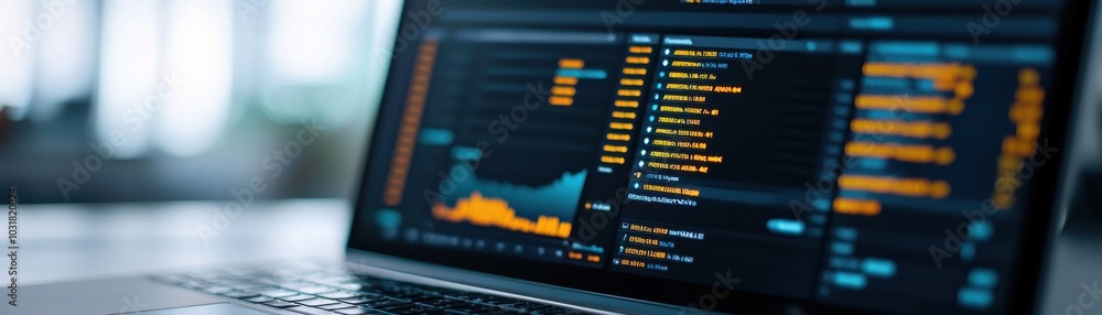 Poster laptop displaying vibrant data analytics on a digital interface, with blurred background.