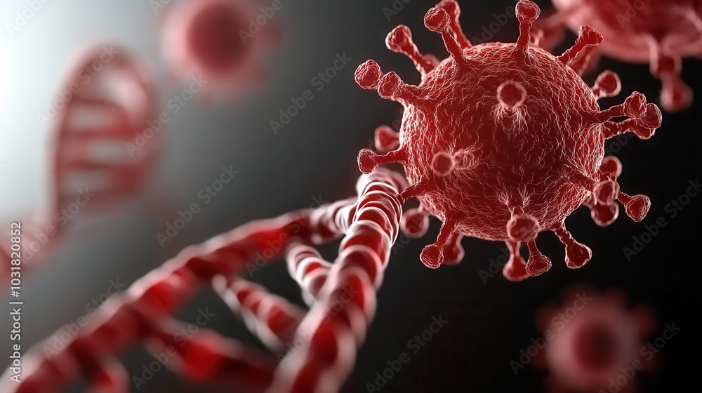 Poster close up of dna strands interacting with red virus particles, showcasing intricate relationship betw