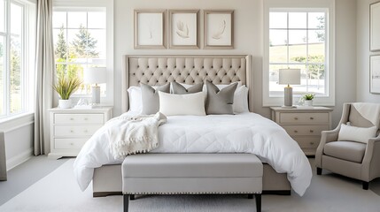 Elegant and Cozy Modern Bedroom Interior Design with Stylish Decor, mockup, poster and Background