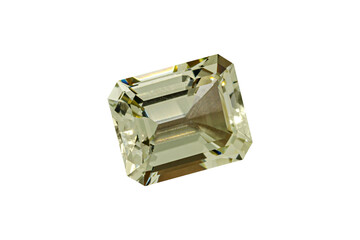 Heliodor, Golden beryl faceted scissors cut stone mineral macro photography on white isolated background close up