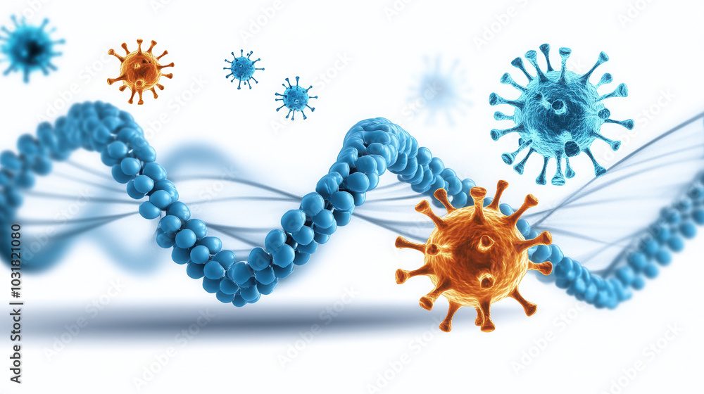 Poster dna and virus particles colliding in space create vibrant and dynamic scene, illustrating complex in