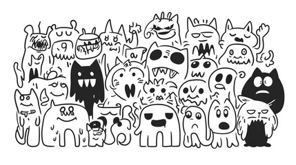 Cartoon Doodles of Emotions, vibrant doodle art showcasing a variety of expressions in a playful neopop style with cute characters and monsters.